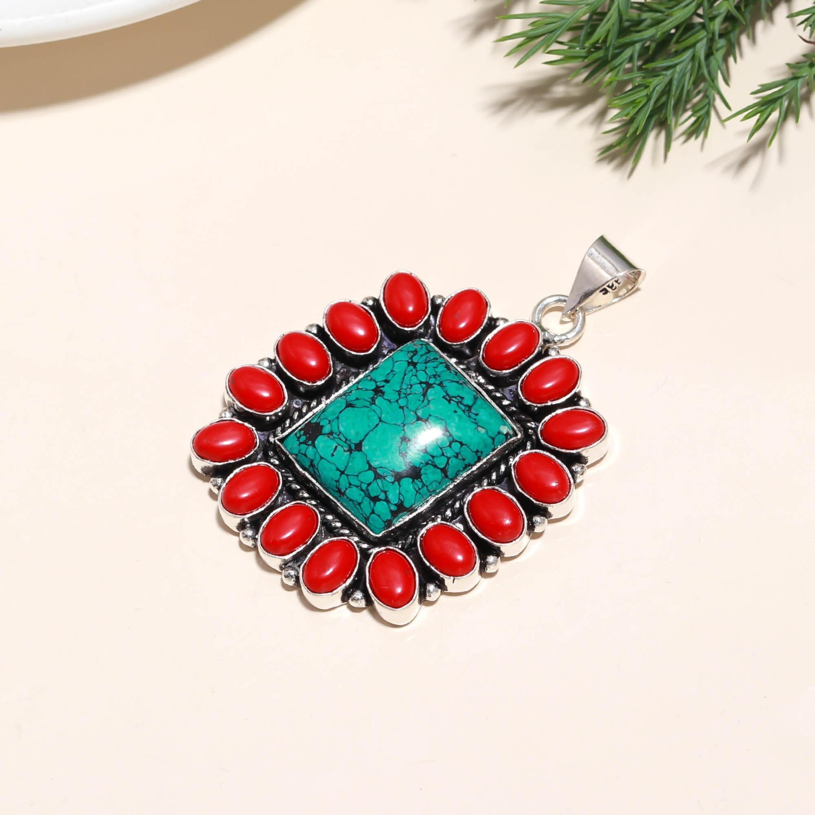 Turquoise & Red Coral Gemstone Handmade 925 Sterling Silver Pendant
