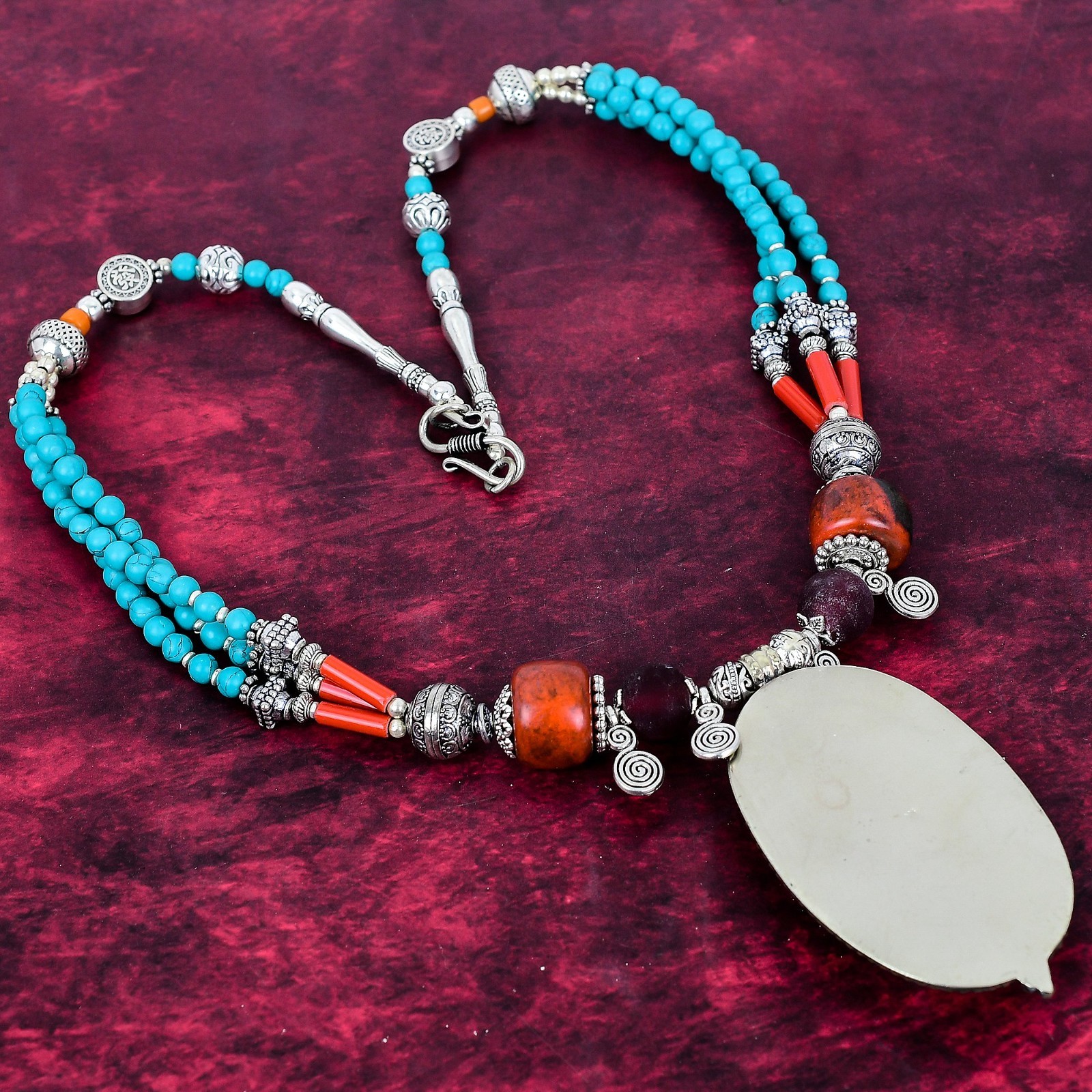 Turquoise & Red Coral Gemstone Handmade Jewelry 925 Solid Silver Nepali Necklace