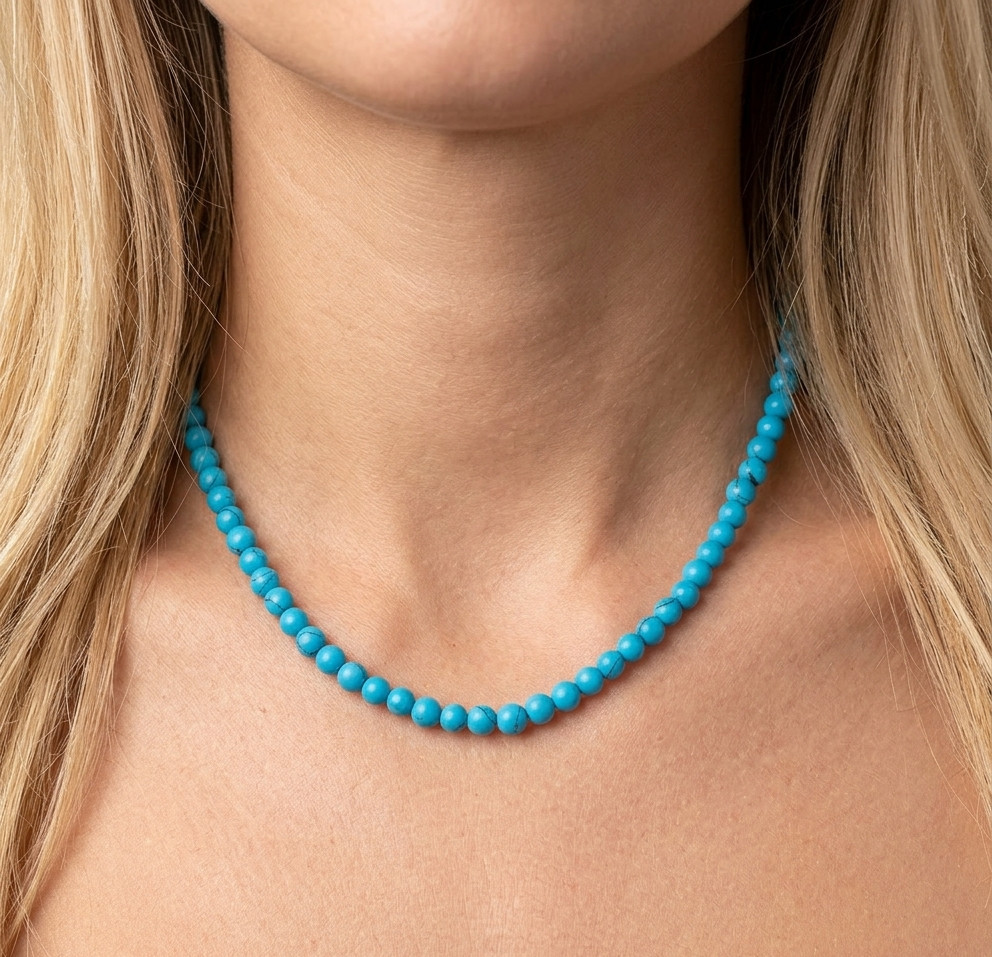 925 Solid Sterling Silver Sleeping Beauty Turquoise Beaded Necklace – 18″