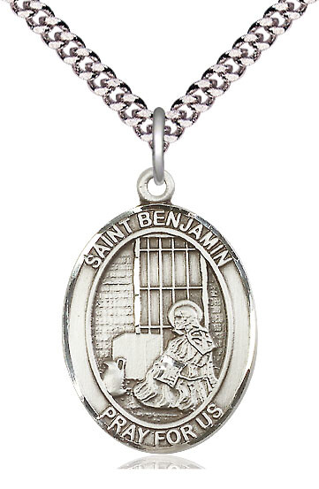 St. Benjamin Medal in Fine Pewter 1″tall, 24″ Rhodium Plate Clasp Chain