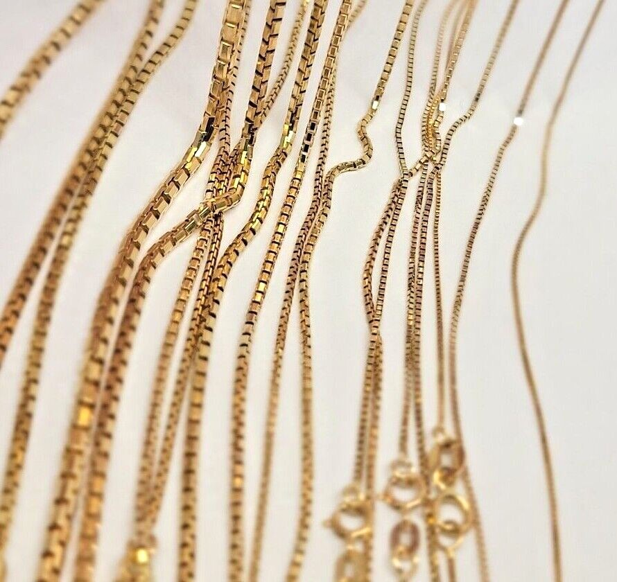 Authentic 14K Solid Yellow Gold Box Chain Necklace 0.55mm-2.5mm All Size 16″-30″