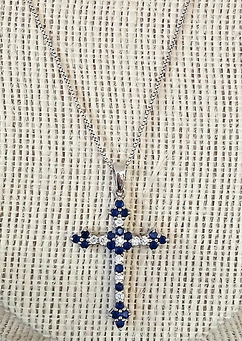 1.20Ct Round Cut Blue Sapphire Cross Pendant 14K White Gold Finish Free Chain