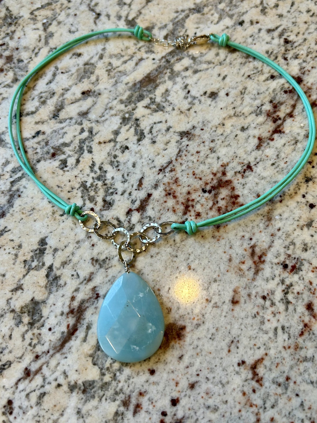 Aqua Amazonite 18″ Corded Necklace Teardrop 40mm Pendant Silver Estate New