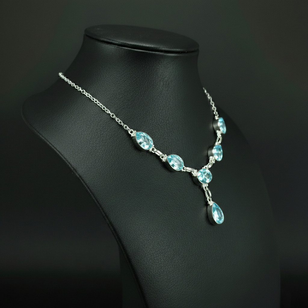Blue Topaz Gemstone 925 Sterling Silver handmade Gift Necklace 18″