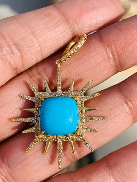 Sleeping Beauty Turquoise & Diamond 14K Yellow Gold Over Sun Pendant 18″Necklace
