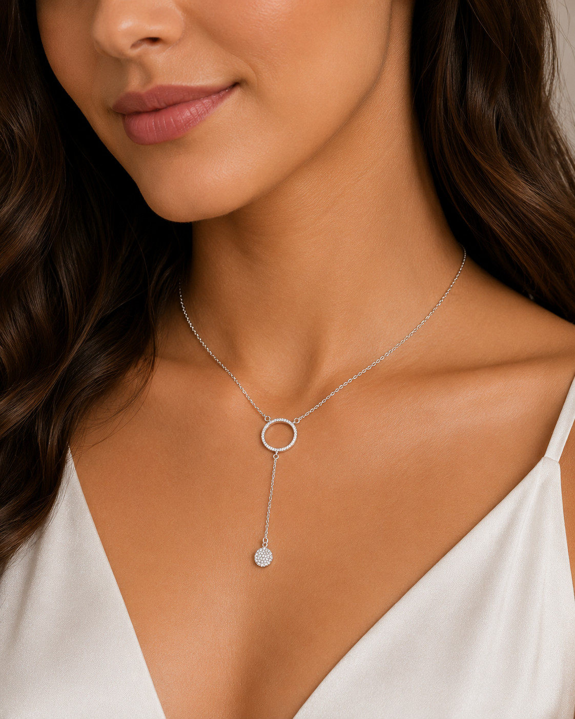 Sterling Silver CZ Circle Drop Necklace 40cm 3cm Extension Sparkling Pendant