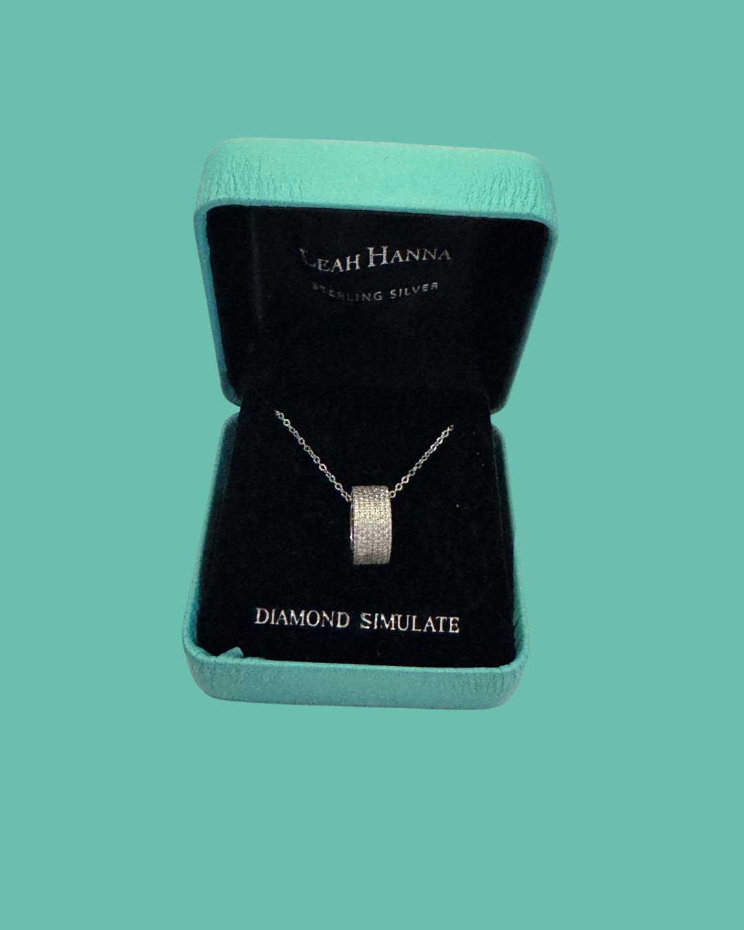 Leah Hanna sterling silver necklace-pave-set barrel pendant w/ simulated diamond