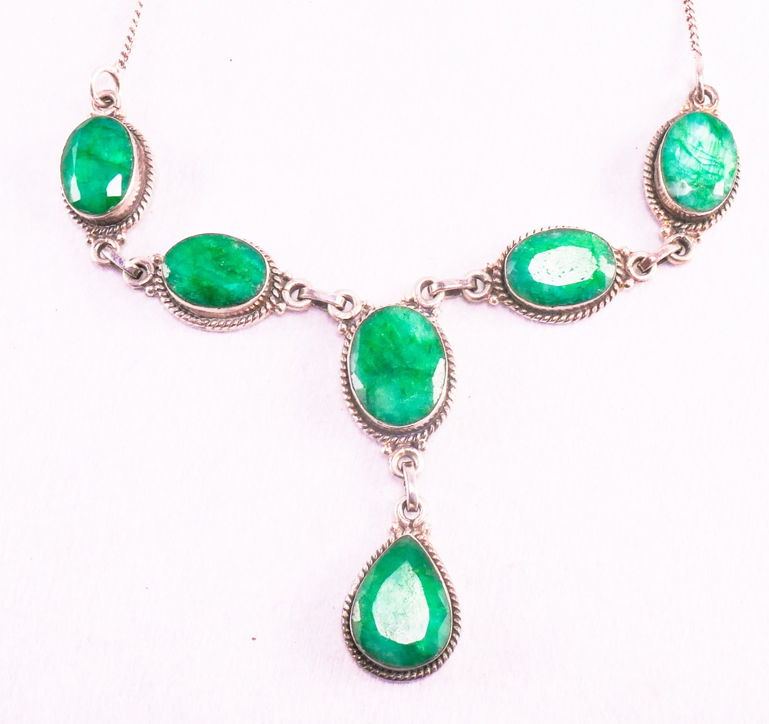 925 Sterling Silver Faceted Raw Emerald Y Drop Necklace 16-17″ 26.94 Grams
