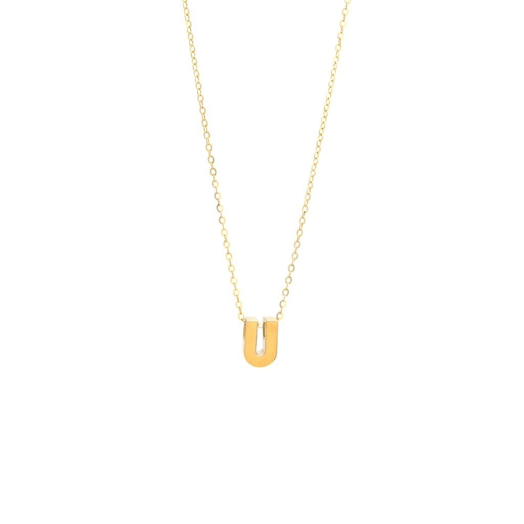 14k Gold Yellow Gold U Initial Letter Minimalist Necklace 16″-18″