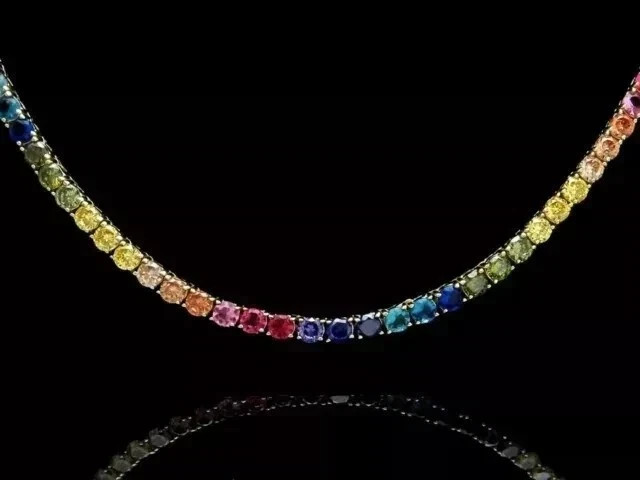 18CT Round Cut Lab Created Rainbow Sapphire 18″ Tennis Necklace 14k Gold Finish