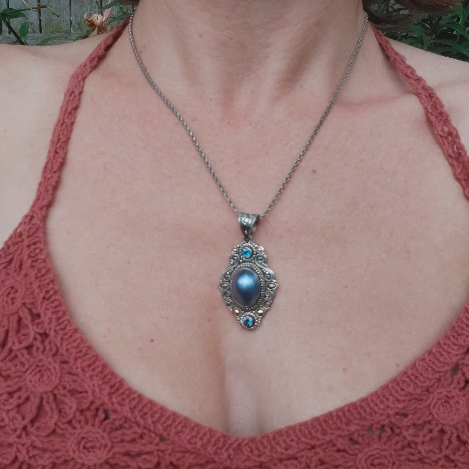 Vintage Balinese Sterling and 18k Pendant with London Blue Topaz and Blue Pearl