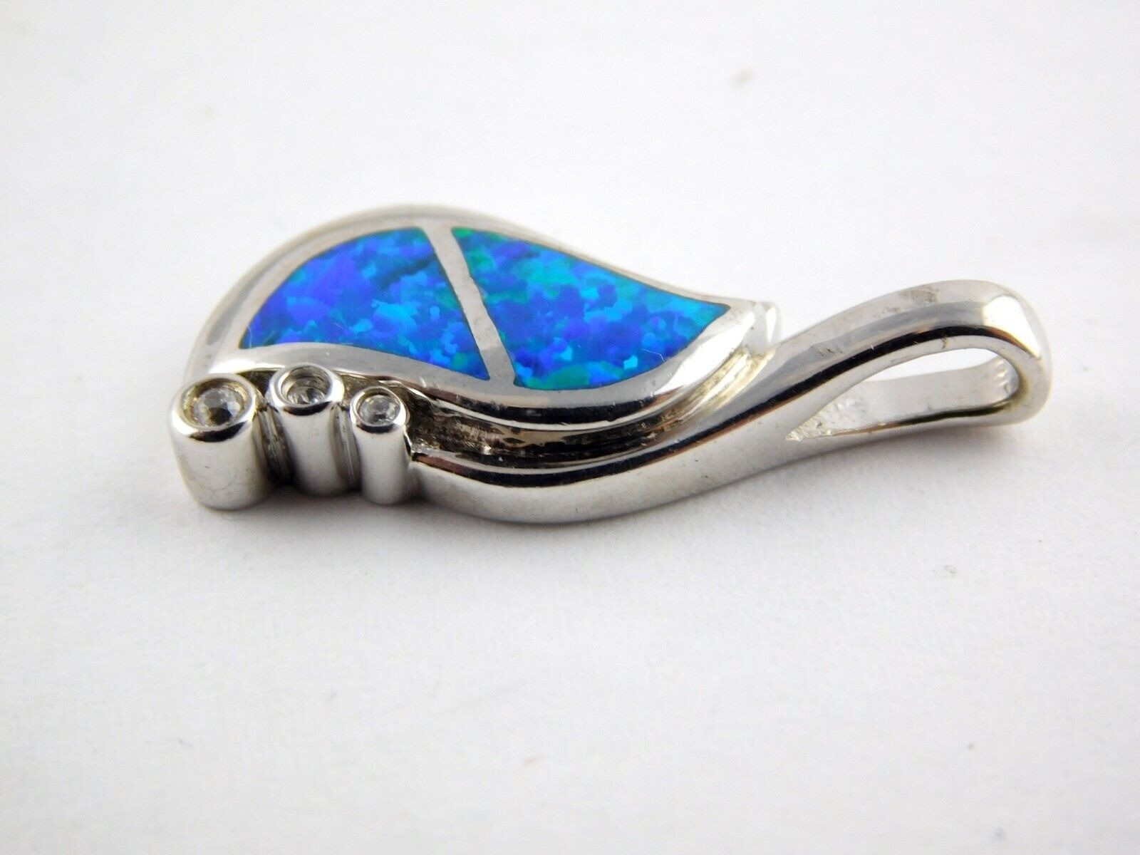 Sterling Silver Lab Created Blue Opal Inlay White CZ Accents Pendant 5g 1 1/8 In