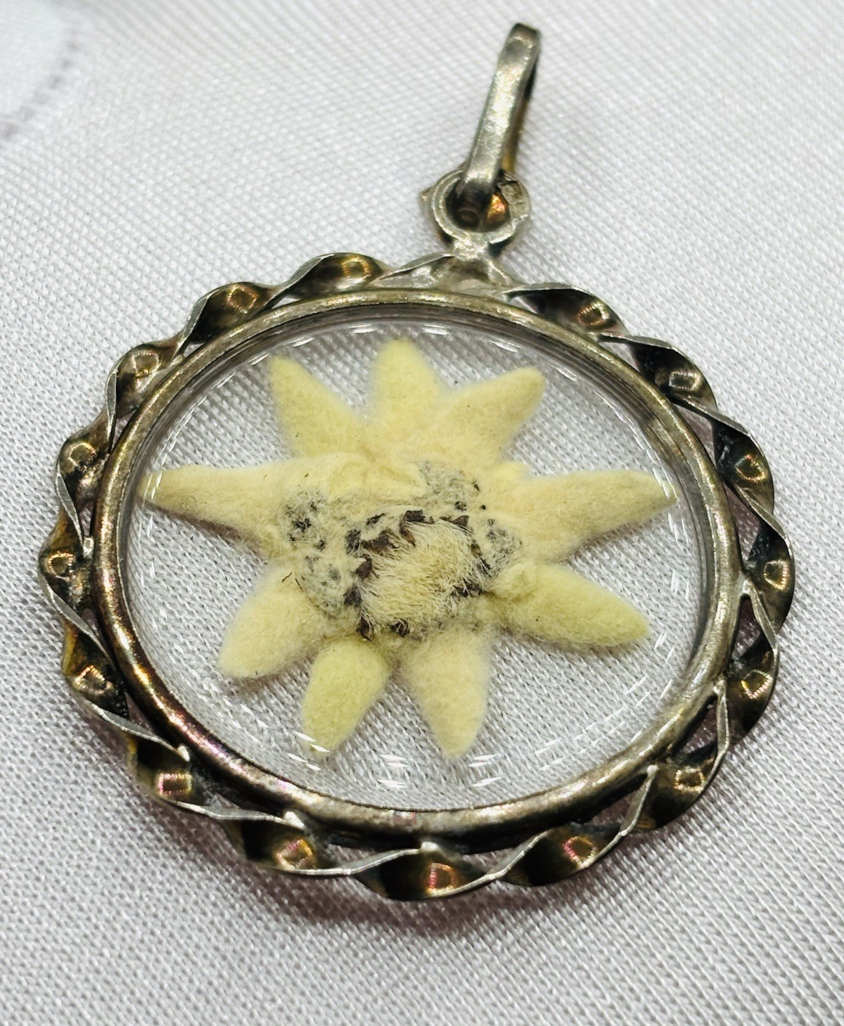 Art Deco Vintage 835 German Silver Glass Edelweiss Flower Necklace Pendant