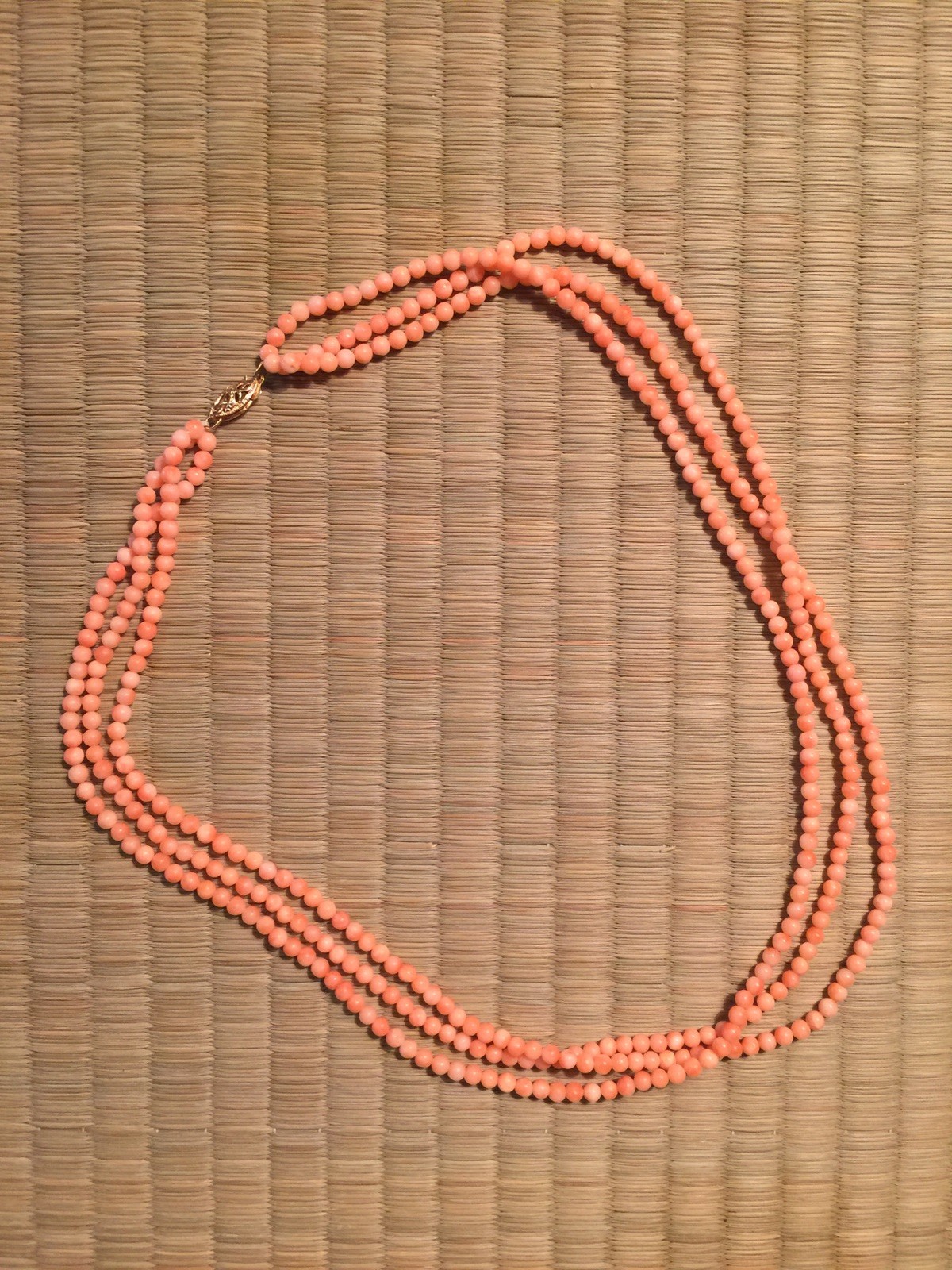 Pink CORAL Triple Strand String 3mm Bead 14k yellow Gold Necklace