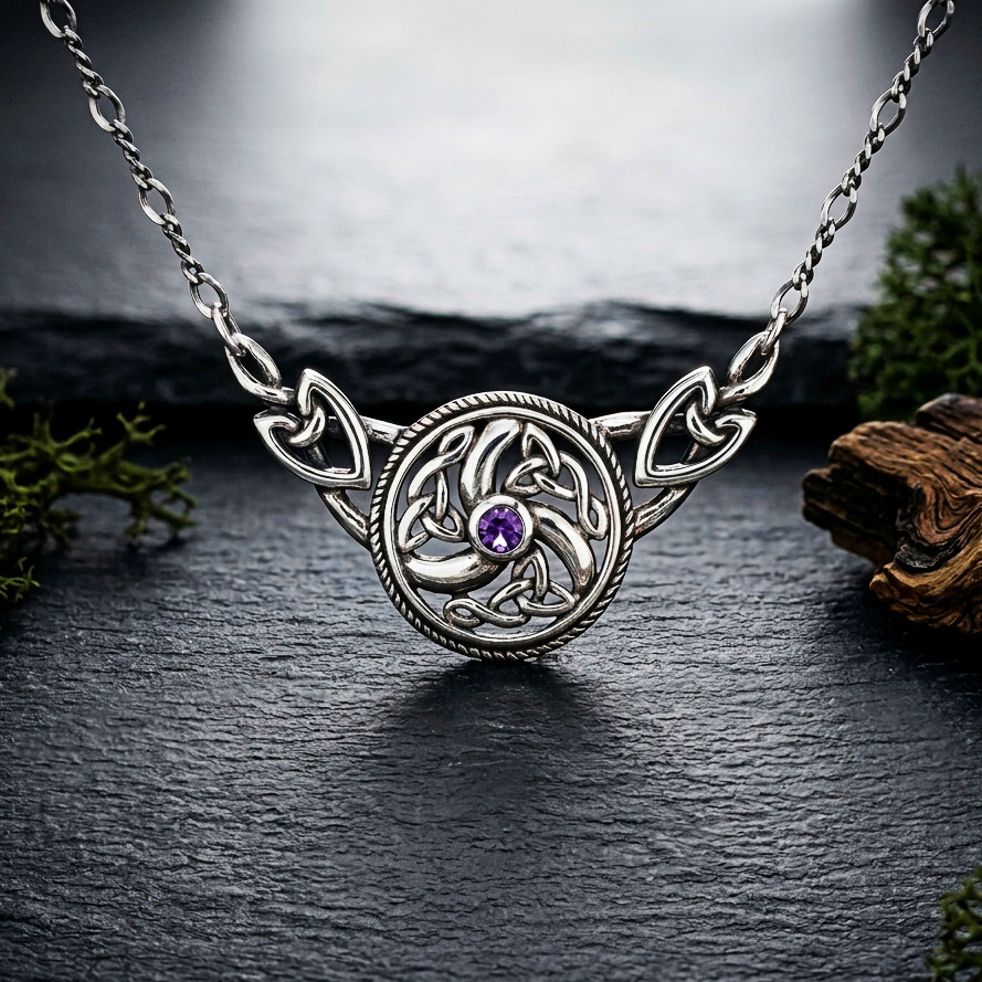 Vintage 925 Sterling Silver Amethyst Trinity Knot Celtic Necklace Peter Stone