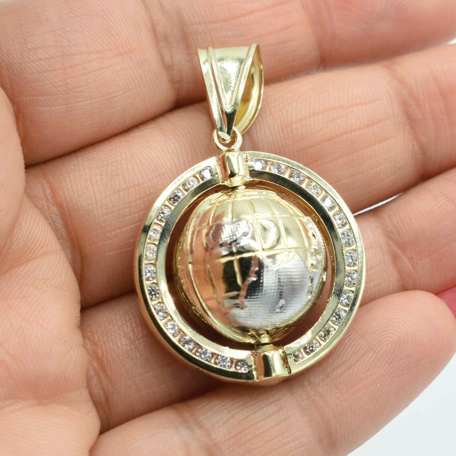 Pendant Two Tone 3D Textured World Globe 1 3/4″ Real 10K Yellow White Gold