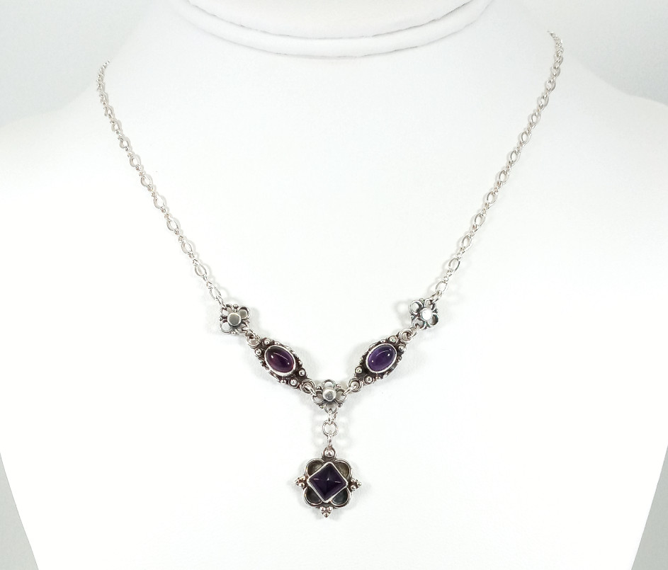 Vintage 925 Sterling Silver Amethyst Deep Royal Purple Floral Necklace