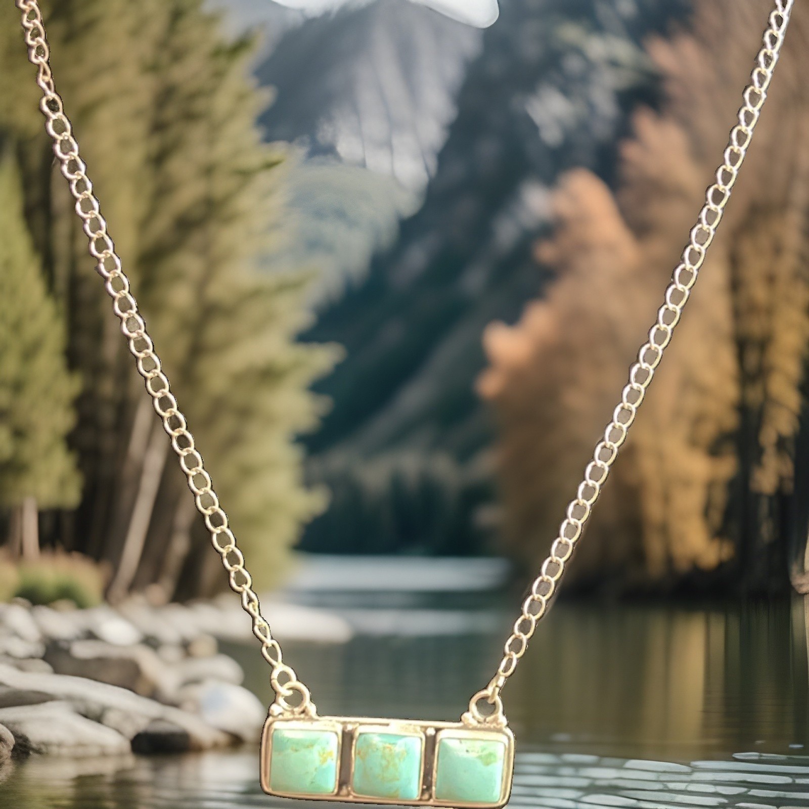 Native made 3 Turquoise cabochon Stones 18″ Cable Chain Hook BAR NECKLACE SILVER