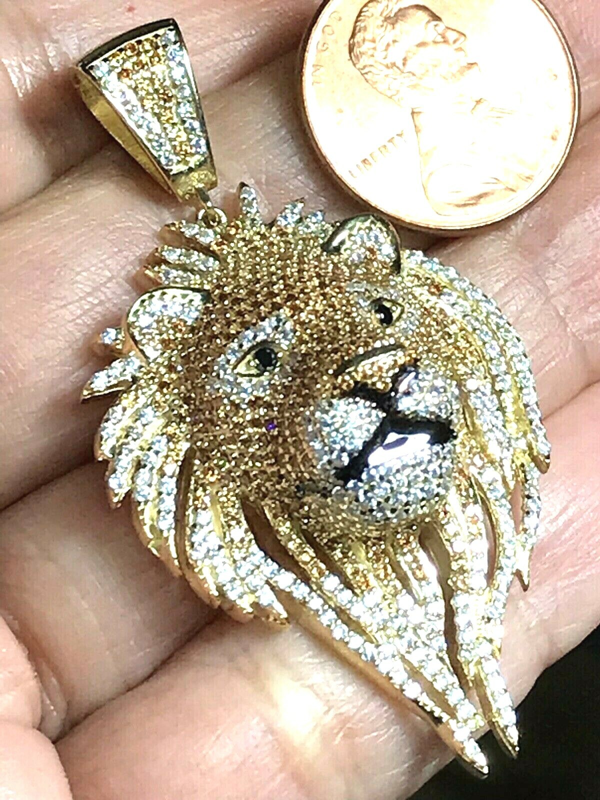 GOLd Lion pendant 14k Yellow solid glass cz Leo necklace fine gift oro 2.10″