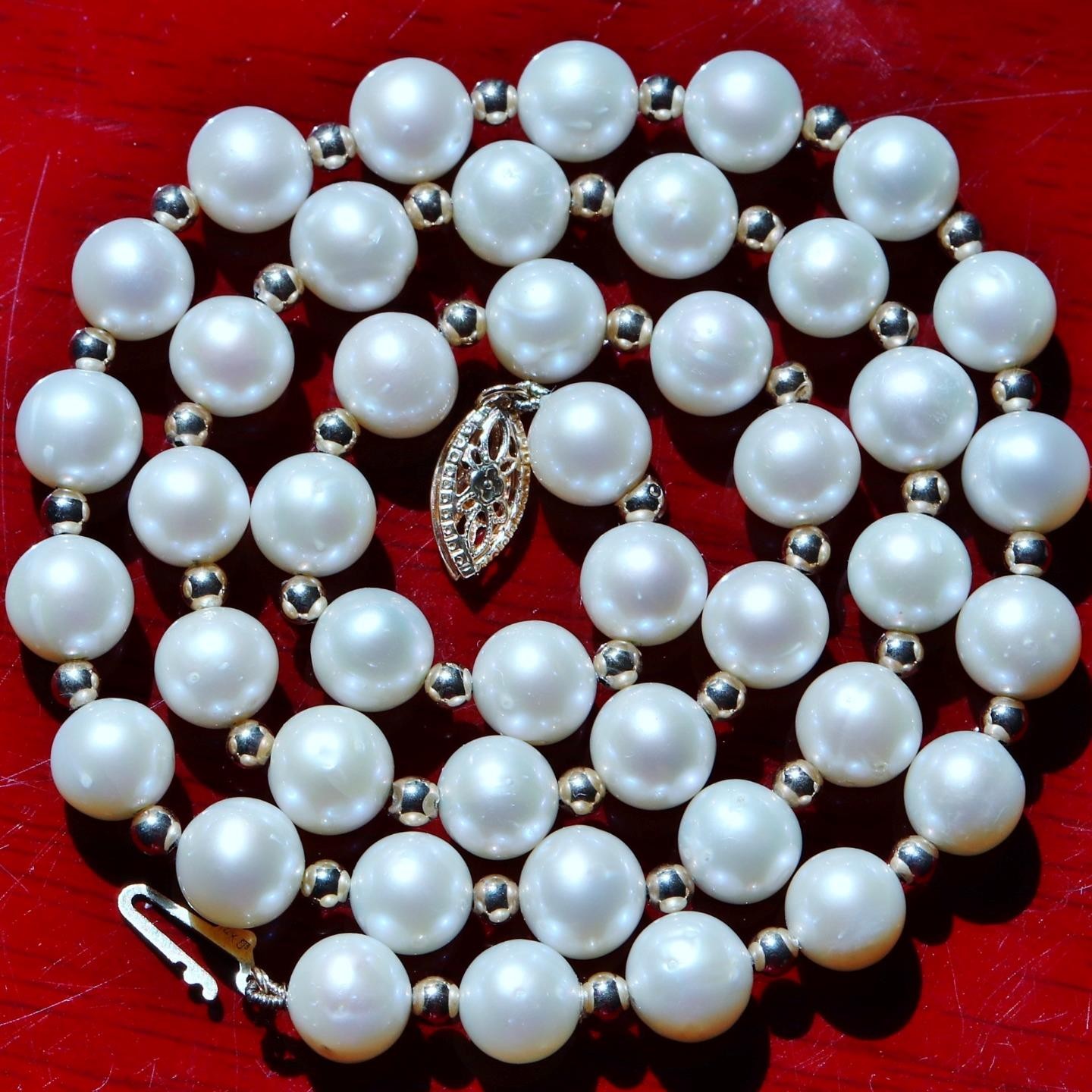 14k yellow gold 17.5″ necklace 7-7.5mm cultured pearl gold bead 24g N2973E