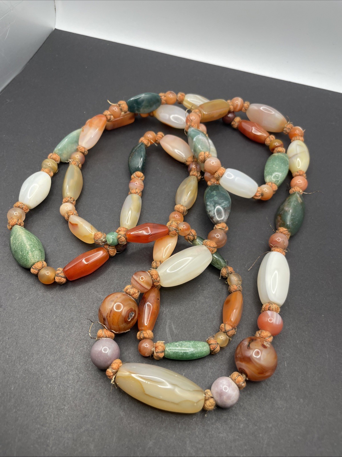 Mixed Gemstone Beggars Bead Necklace Graduated And Hand Knotted 56 Inches D41