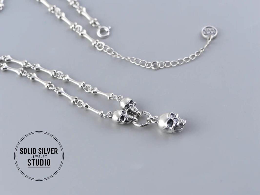 S925 Authentic Sterling Silver Skull&Bone Link Chain Punk Gothic Biker Necklace