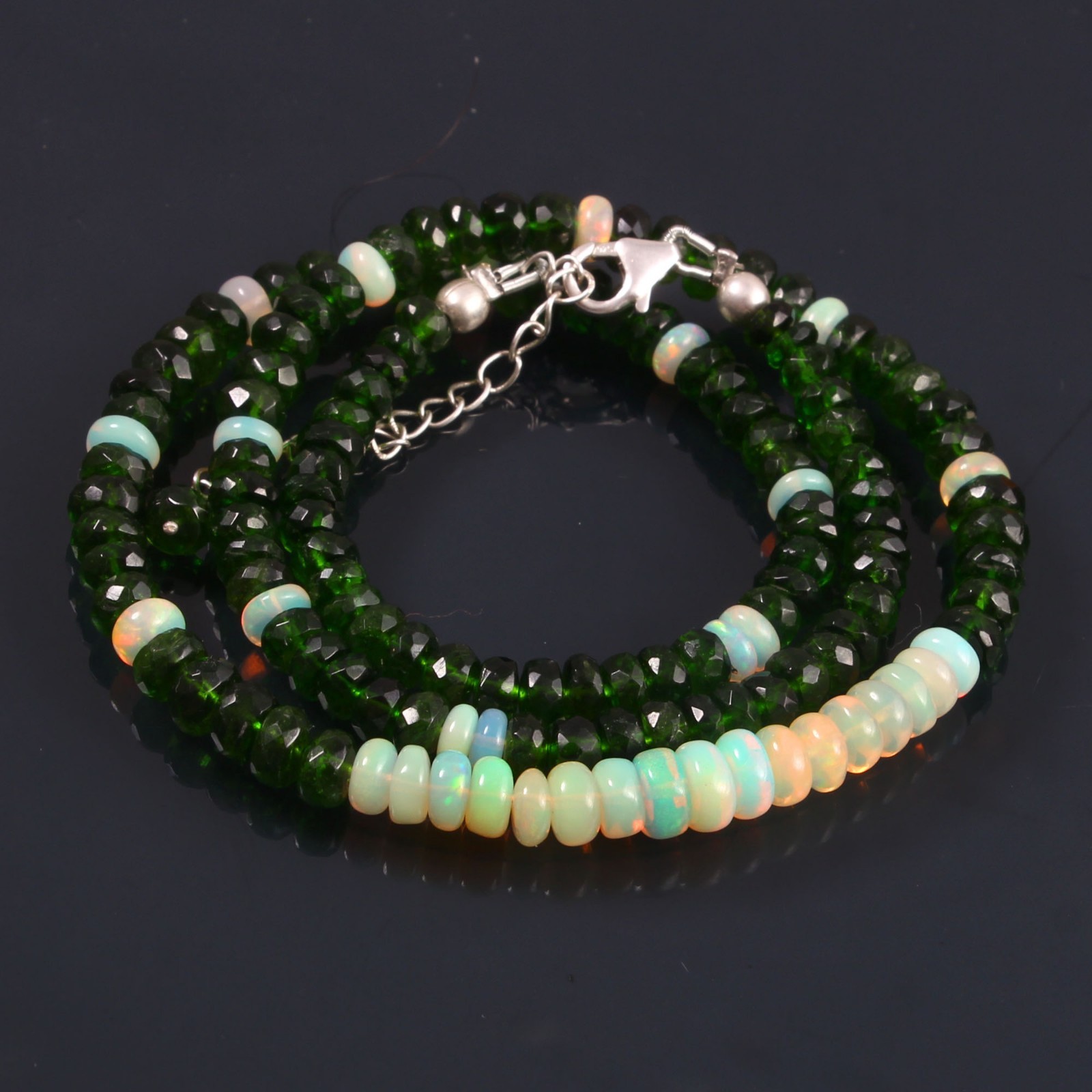 AA+ Chrome Diopside & Opal Gemstone Beads Necklace In 925 Silver Woman Jewelry B