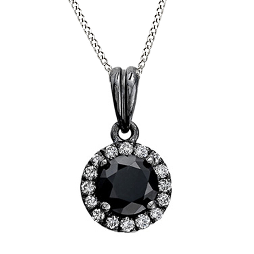 3/4ct April Birthstone Black & White Diamond Halo Pendant Black Rhodium 14K Gold