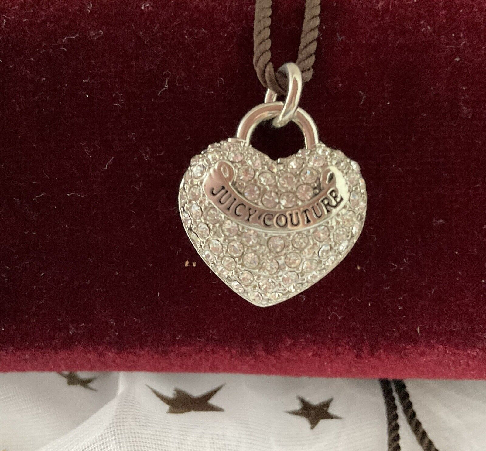 Juicy Couture Heart Pendant Necklace Brown Braided 14″ Rope Cord Pave Rhinestone