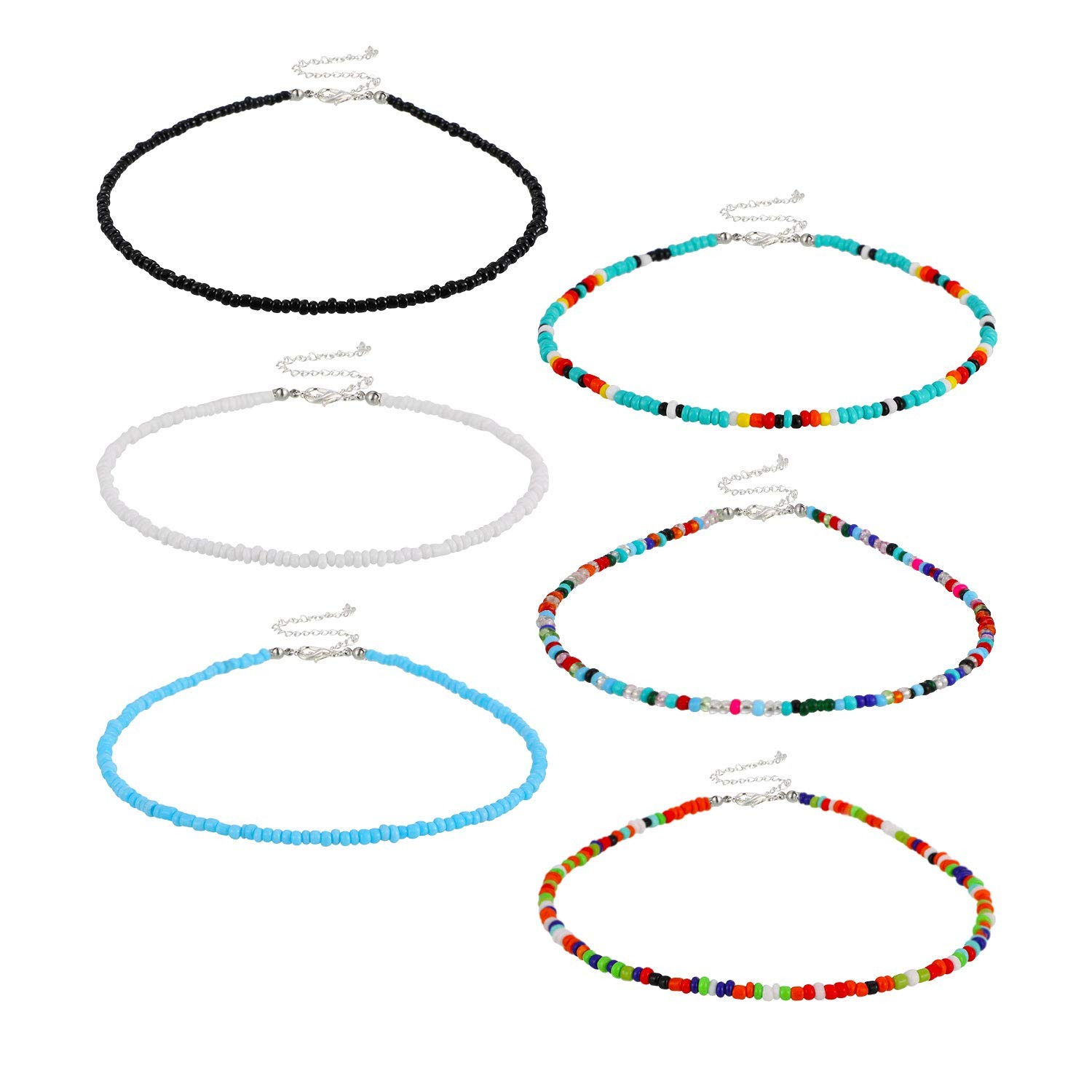 6 Pcs Bead Choker Necklace for Women Colorful Boho Glass Seed Bead Necklace Rain