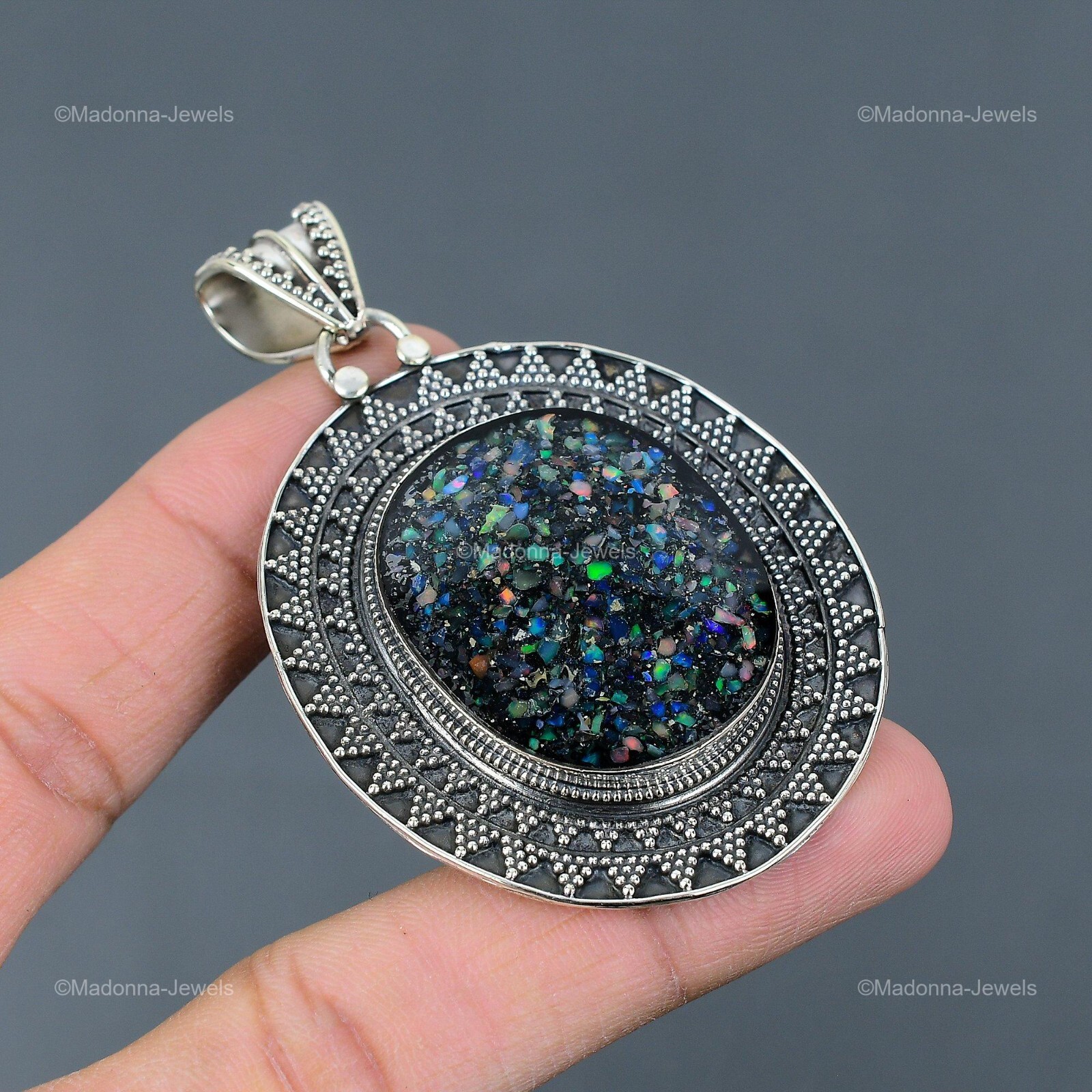 Black Ethiopian Opal Stone Handcrafted Vintage Pendant Jewelry Sterling Silver