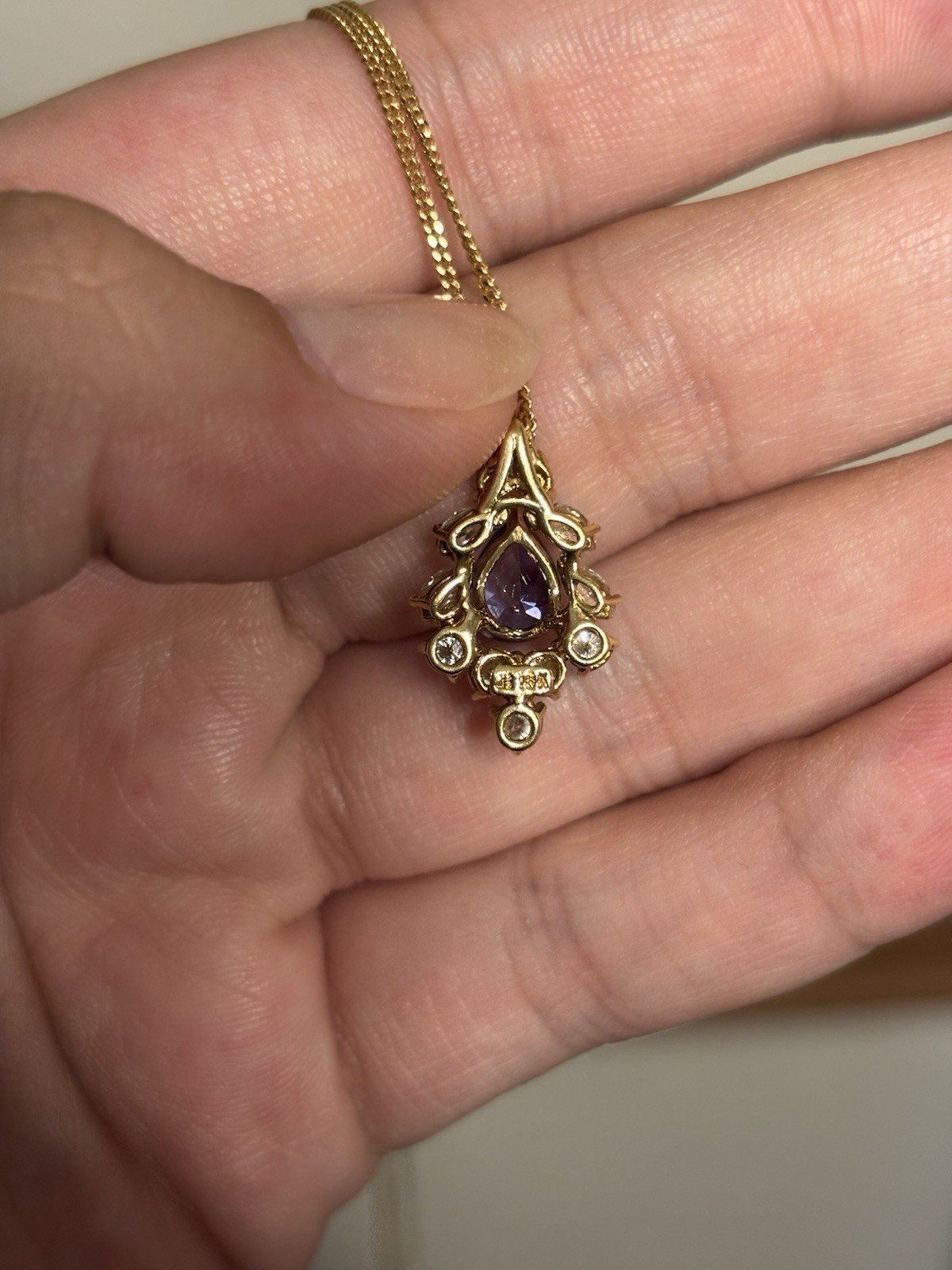 18K Yellow Gold Natural Pear Tanzanite & Diamond Pendant Necklace 18.5″