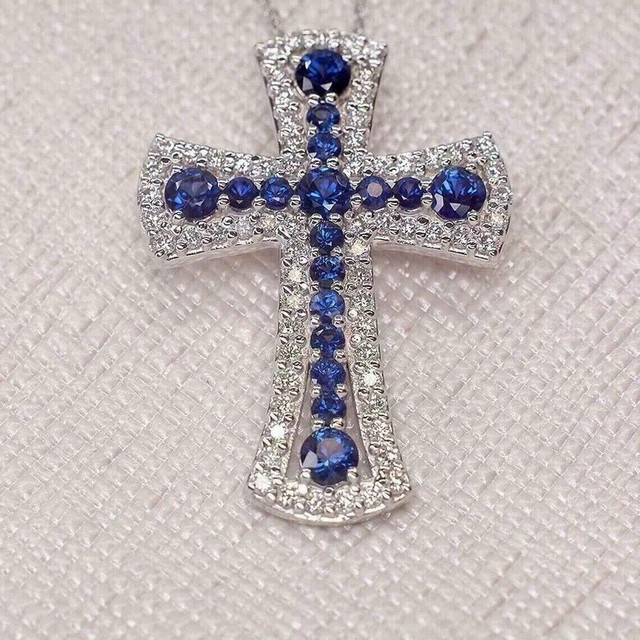 3Ct Round Cut Lab-Created Blue Tanzanite Cross Pendant 14K White Gold Plated