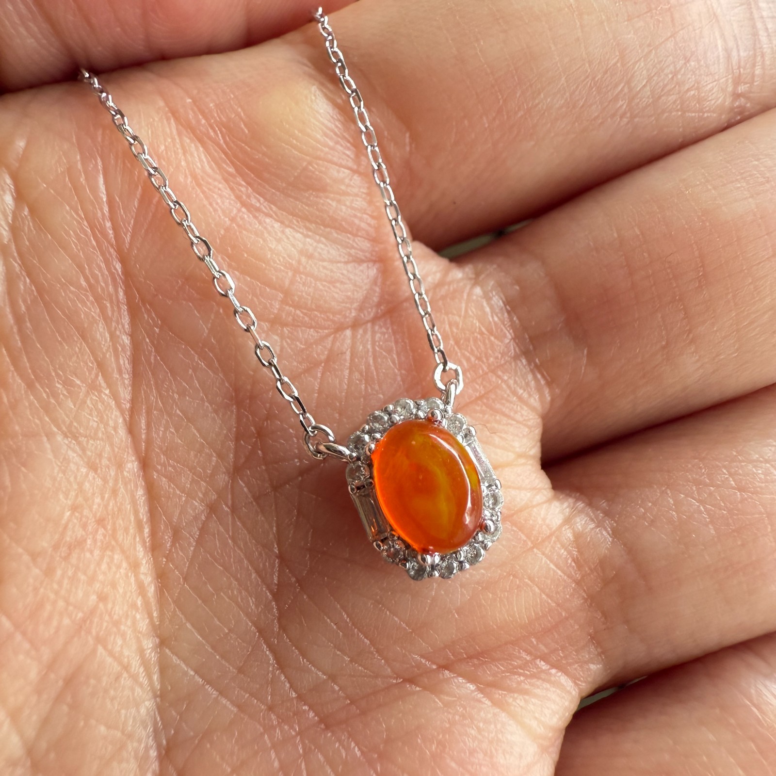 925 Sterling Silver Necklace 7x6mm Natural Fire Opal Gemstone Zircon Women Cute