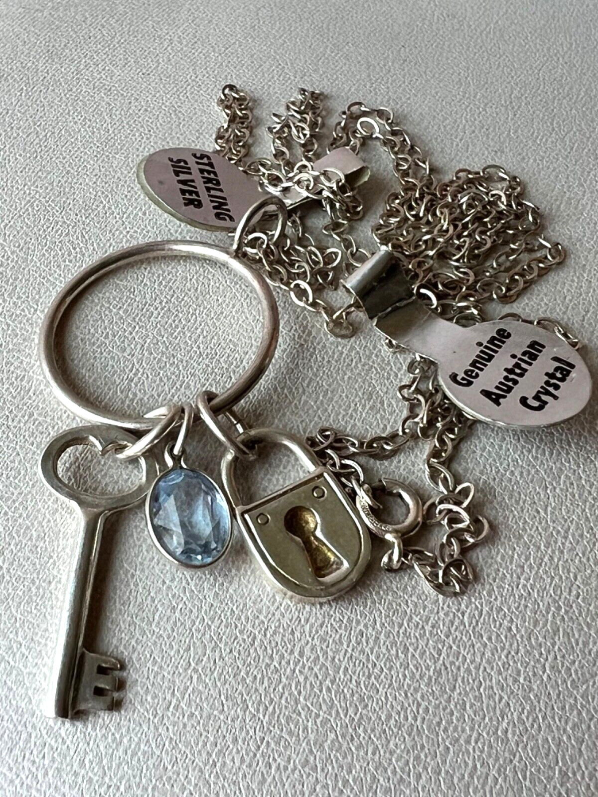 KEY, LOCK, BLUE CRYSTAL LARIAT PENDANT NECKLACE LONG CHAIN 925 STERLING SILVER