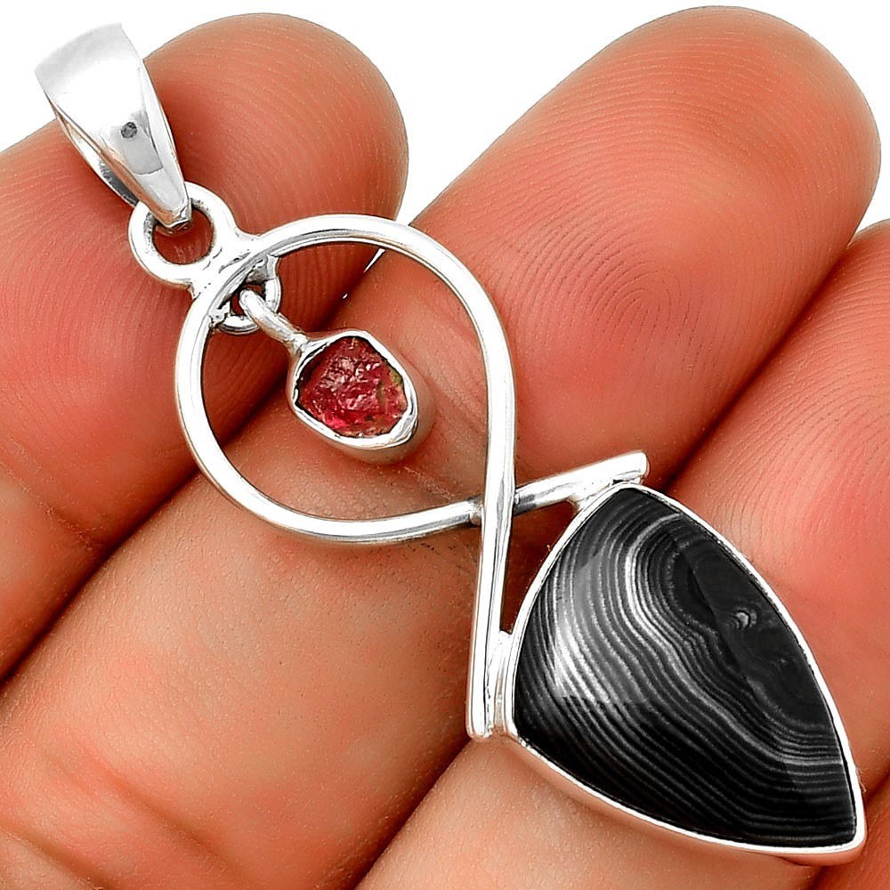 Black Malachite & Pink Tourmaline Rough 925 Silver Pendant Jewelry P-1048