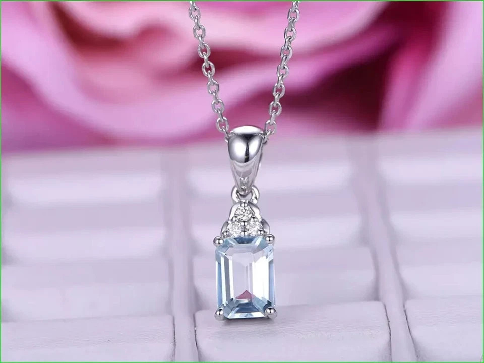 1.50Ct Emerald Cut Aquamarine Solitaire Pendant 14K White Gold Finish Free Chain