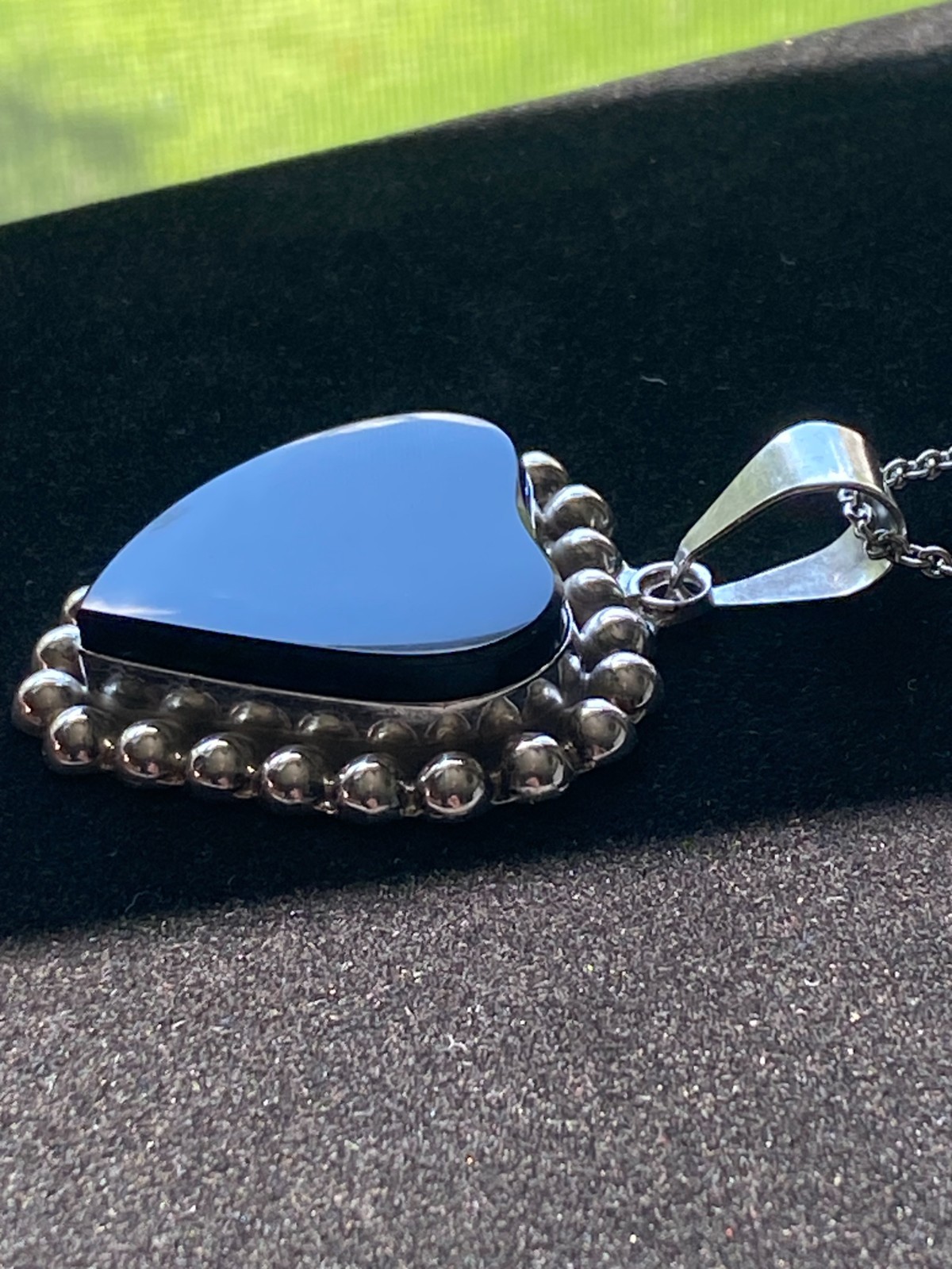 Large Mexico Sterling Silver Black Onyx Heart Pendant & 18″ Sterling Necklace