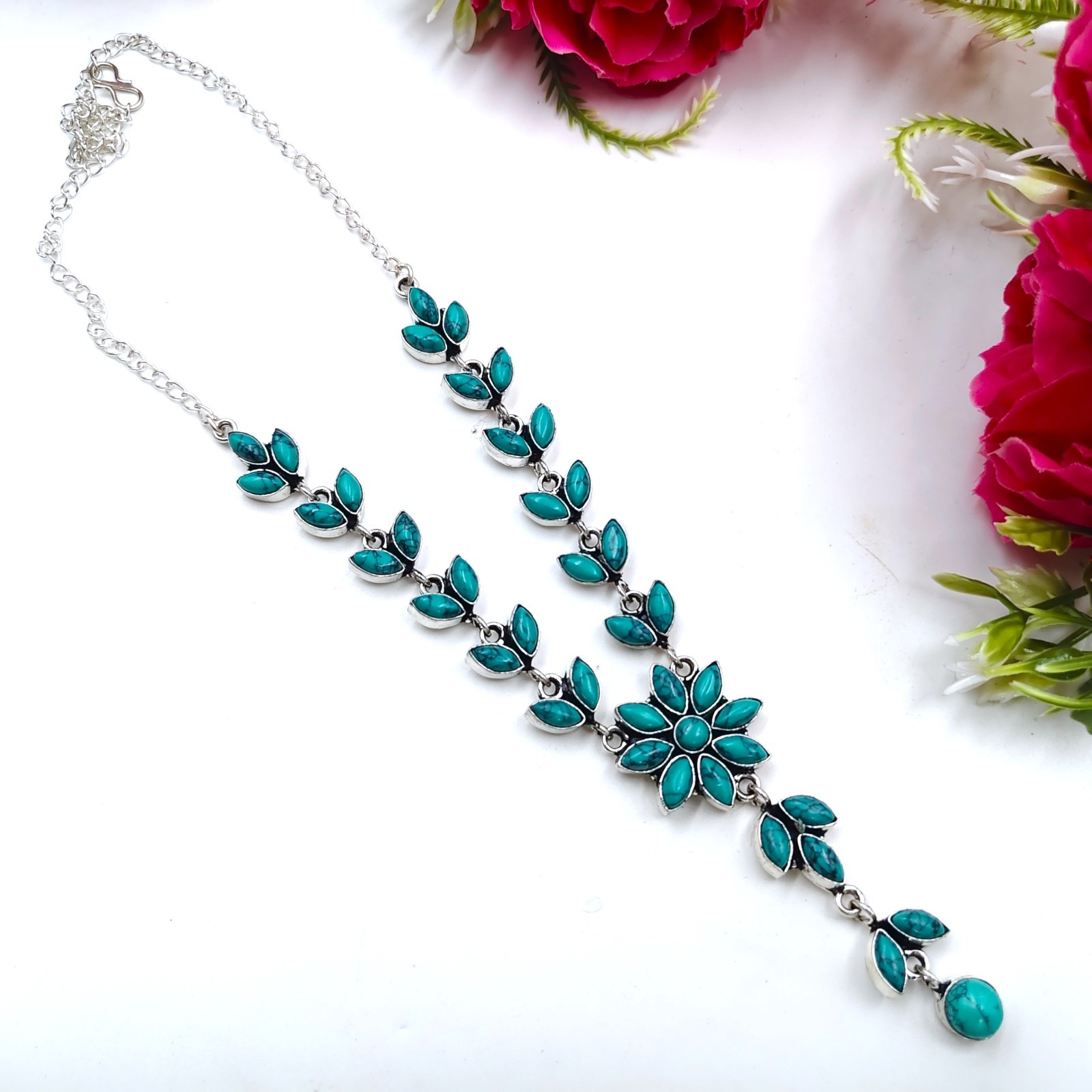 Blue Turquoise Gemstone Handmade 925 Sterling Silver Jewelry Necklace Sz-17-18″