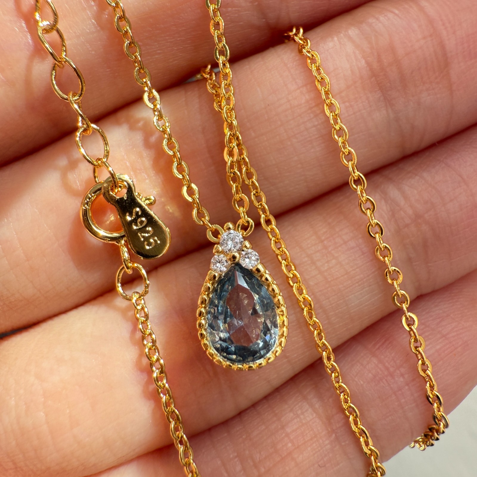 925 Sterling Silver Necklace 8x6mm Natural Aquamarine Zircon 14K Gold Plated NEW