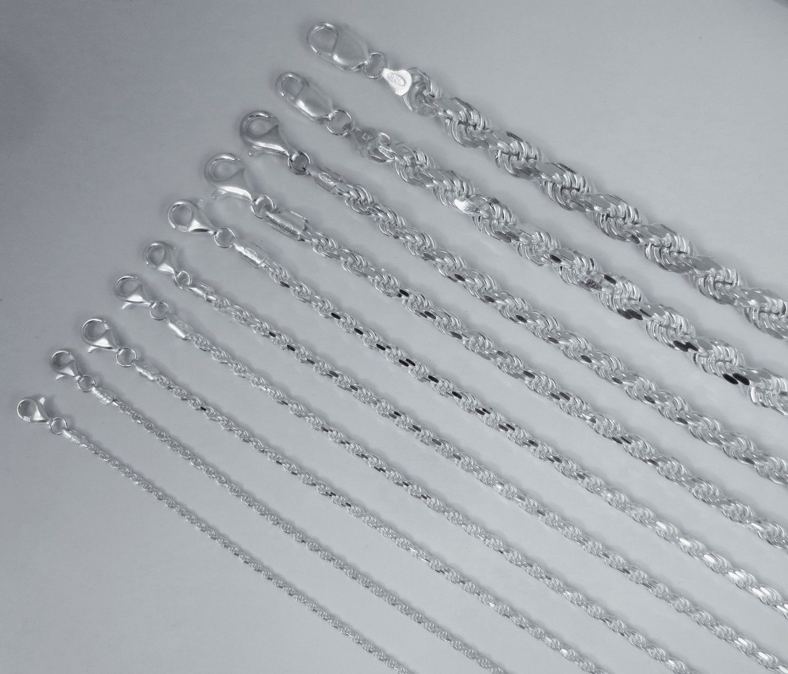 Rope Necklace. 2mm to 13mm, 14 to 30 Inches. Sterling Silver D/C Chain 925 ITALY