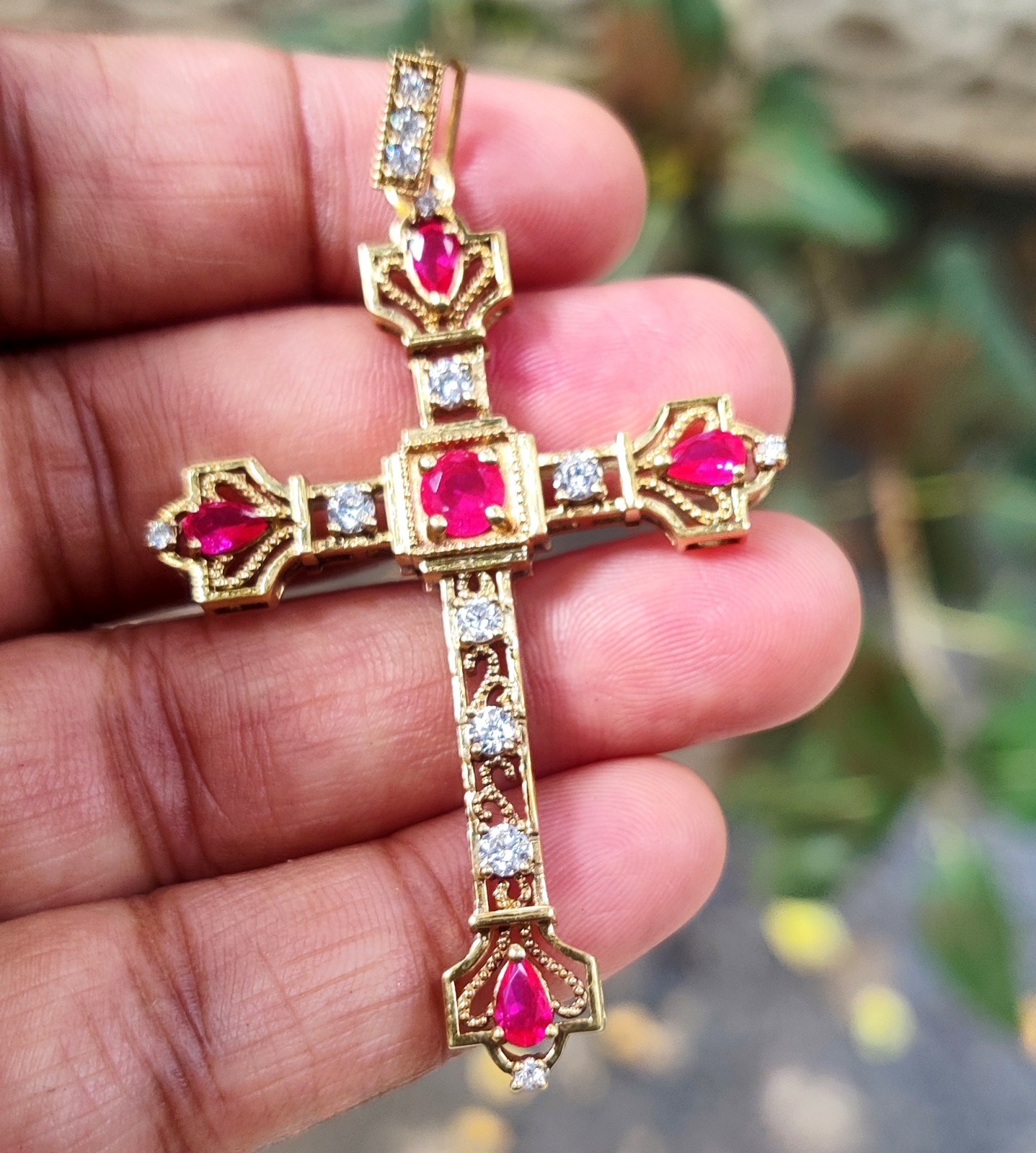 1.20Ct Round Cut Lab-Created Ruby Hip Hop Cross Pendant 14K Yellow Gold Plated
