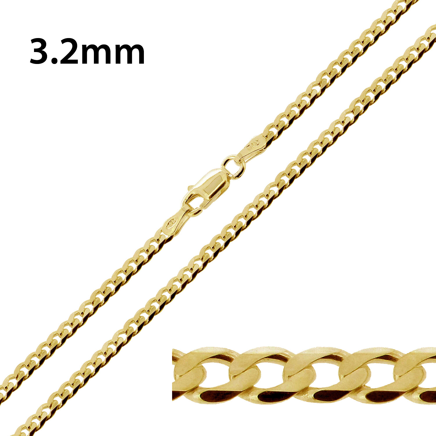 9ct Gold Plated on Sterling Silver 16, 18, 20, 22, 24, 26, 28″ Flat Curb Chain