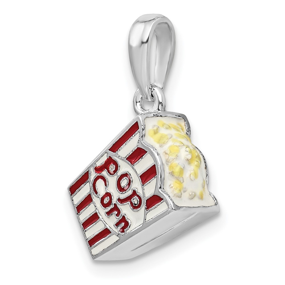 Sterling Silver Rhodium-Plated 3D Enameled Bag of Popcorn Pendant 4.05gm L-21 mm