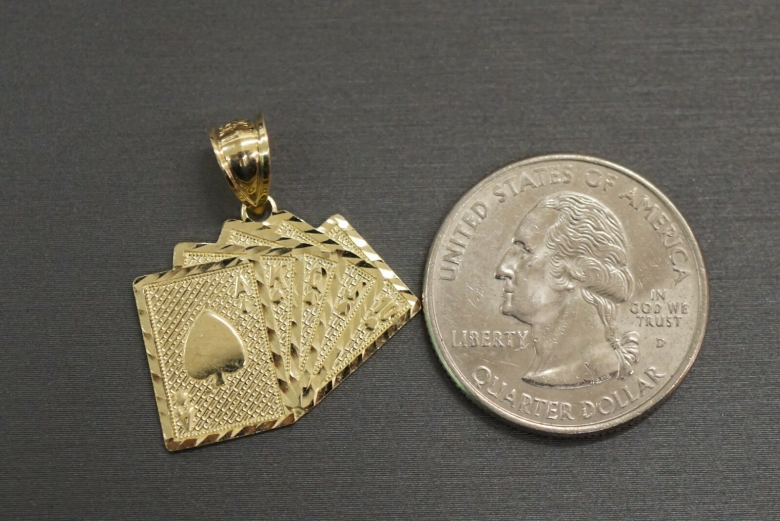10K Solid Yellow Gold 1″ Royal Flush Poker Cards A K Q J 10 Charm Pendant.