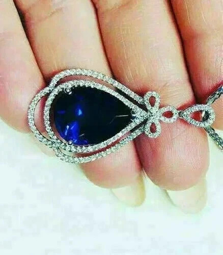 6.00Ct Pear Cut Natural Blue Sapphire & Diamond 14K White gold Luxury Pendant