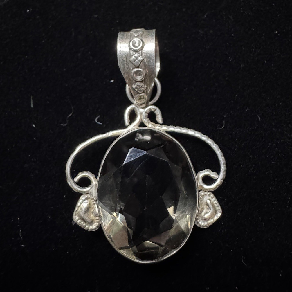 8g 925 Sterling Silver Smoky Quartz Style Pendant 1 3/4” Faceted Oval Vintage