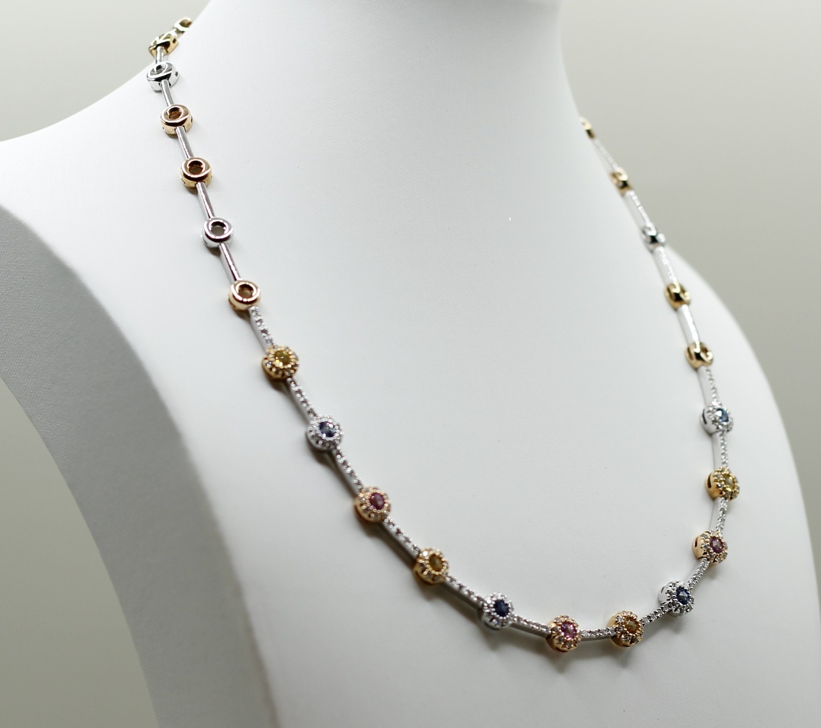 18k Two Tone Gold Multi-Colored Natural Sapphires & Diamond Necklace 31.7 Grams