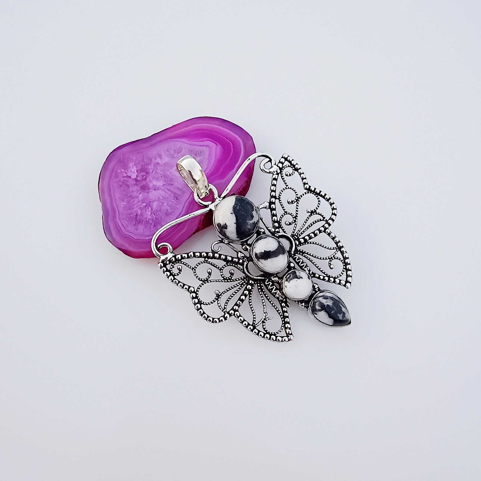 White Buffa Butterfly Pendant 925 Sterling Silver Natural Gemstone Jewelry 2.36″