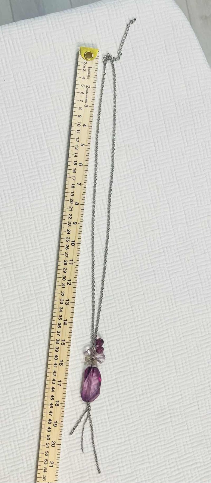 Long Silver Tone Chain Necklace with Large Purple Hard Plastic Crystal Pendant.